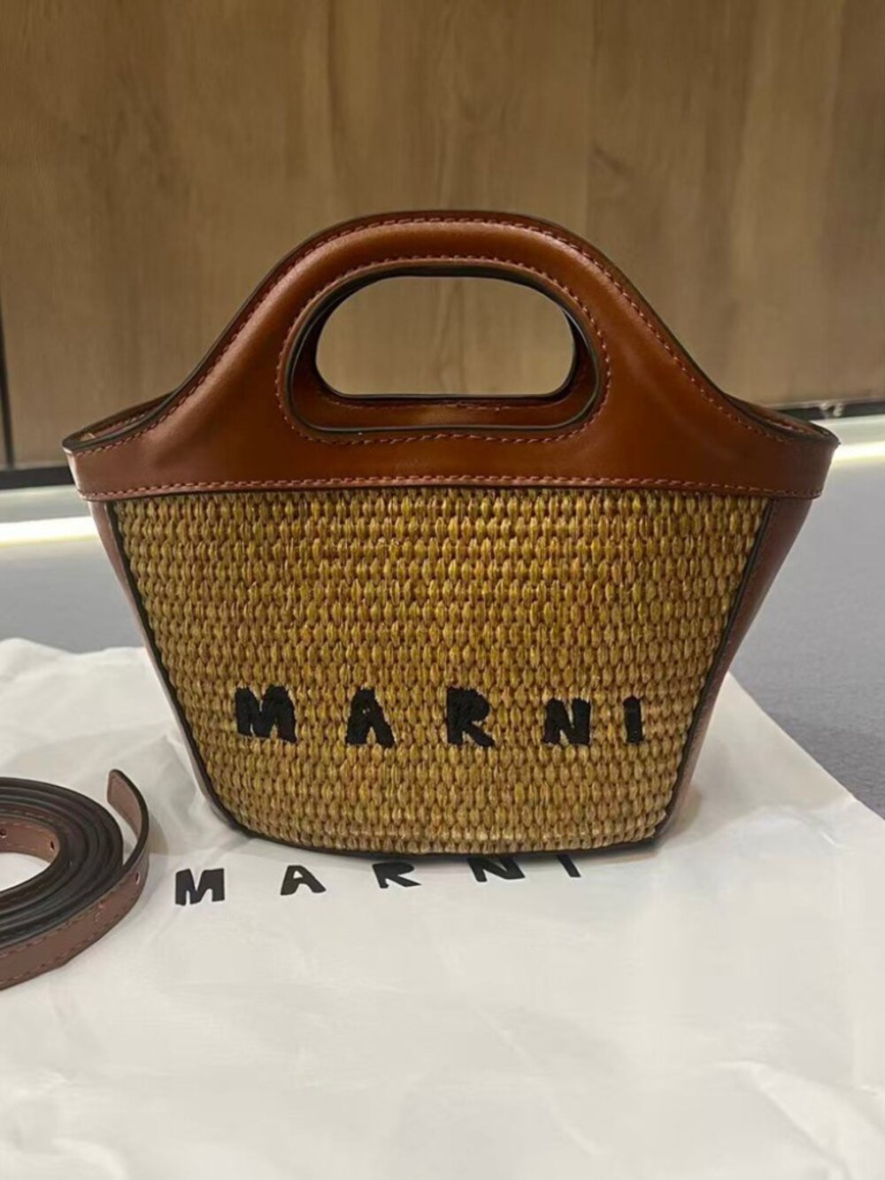 Marni Mini Basket Tote Bag Brown Raffia Crossbody